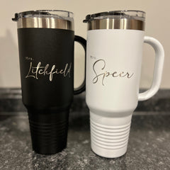 Personalized 40oz. Stainless Steel Travel Tumbler with Handle and Straw, Engraved with Custom Logo, Name or Design